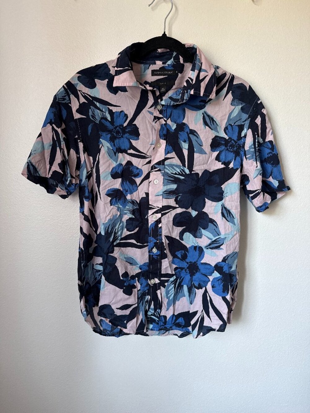 Banana Republic Blue Pink Floral 100% Cotton Short Sleeve Shirt M